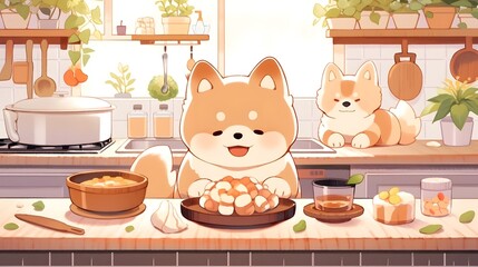 Playful Tranquil Journey, Whimsical Shiba Inu Baking Bread in a Cozy Minimalist Kitchen