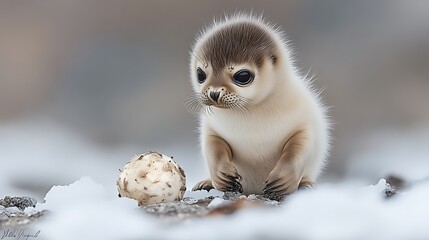 Fototapeta premium A fluffy baby seal with dark eyes sitting next to a round object in the snow