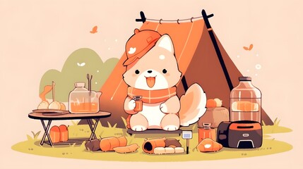 Playful Tranquil Journey, Cheerful Shiba Dog Happily Flipping Fish on Grill in Cozy Campfire Setup Surrounded by Autumn Nature