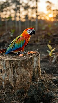 Colorful parrot perched on a stump in a forest during sunset