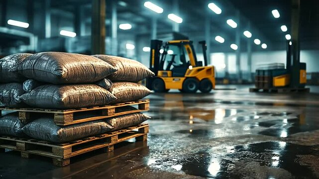 Pallets loaded with cement bags in a dimly lit warehouse, industrial tools and equipment creating a gritty, hardworking ambiance.