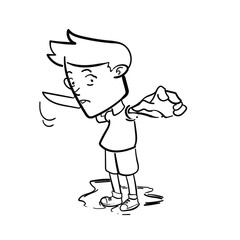illustration of a child throwing a boomerang, cartoon, black and white, good for your visual elements, vector format