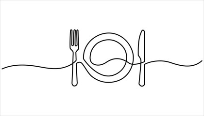 Obraz premium Tableware Continuous one line drawing. illustration of empty plate and cutlery