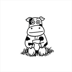 cute mascot illustration of a cow holding milk, cartoon, black and white, good for your visual elements, milk advertising, vector format