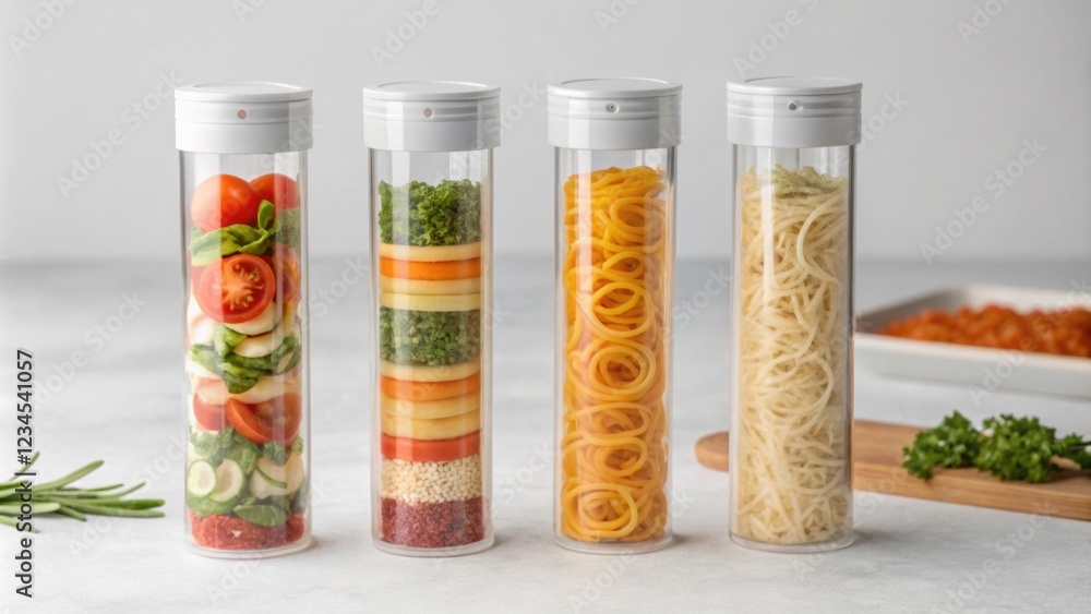 Poster different types of pasta and ingredients are stored separately in transparent containers, showcasing