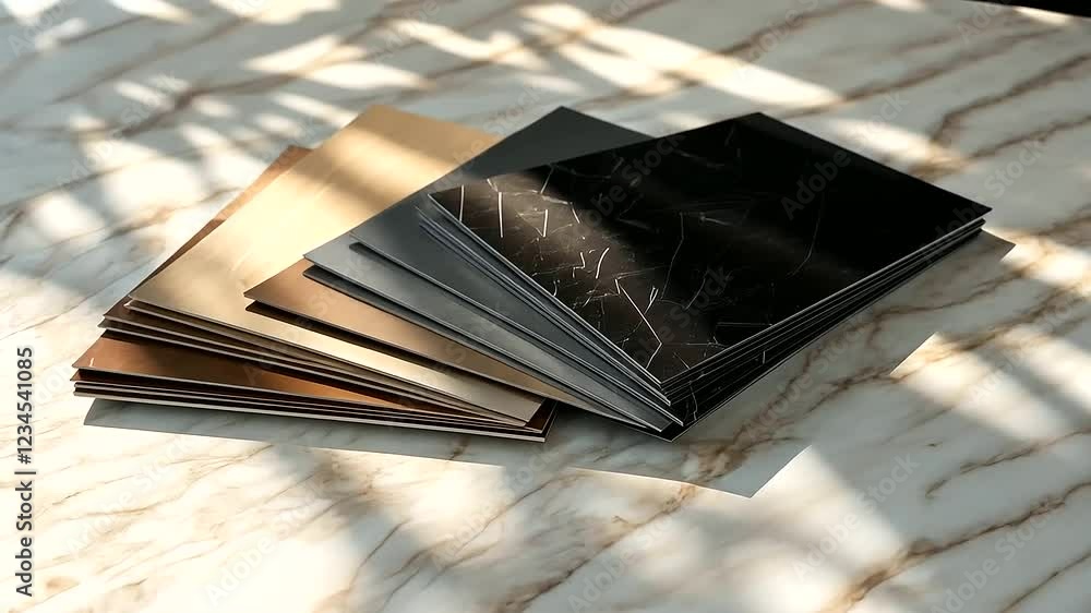 Poster elegant ceramic tiles in varying sizes and colors, displayed in a fan pattern on a glossy marble sur