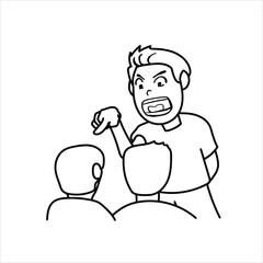 illustration of a big man scolding children,cartoon,black and white,great for your visual elements,vector format