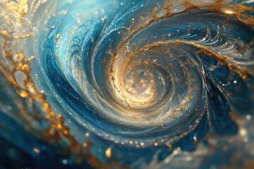 Blue gold swirling vortex, abstract art, cosmic background, design element