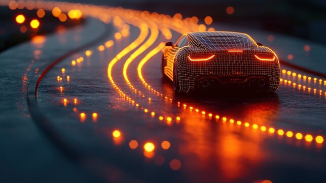Wireframe car driving on glowing track at night