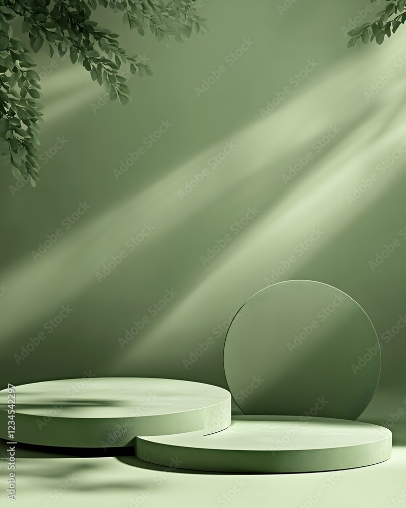 Poster three-tiered cylindrical display with circular element and foliage
