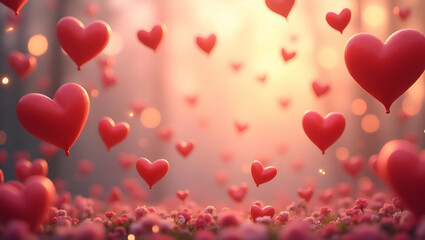 Valentine's Day Scene with Floating Red and Pink Hearts on Soft Pink Background

