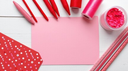 Pink and Red Crafting Supplies on White Wood Background