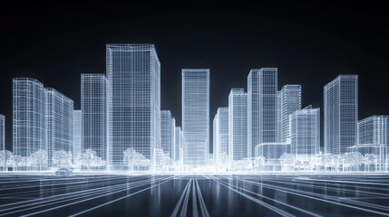 Wireframe city skyline at night with glowing roads