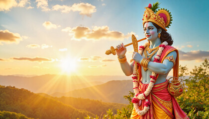 Fototapeta premium Hindu deity Krishna playing flute against sunset background