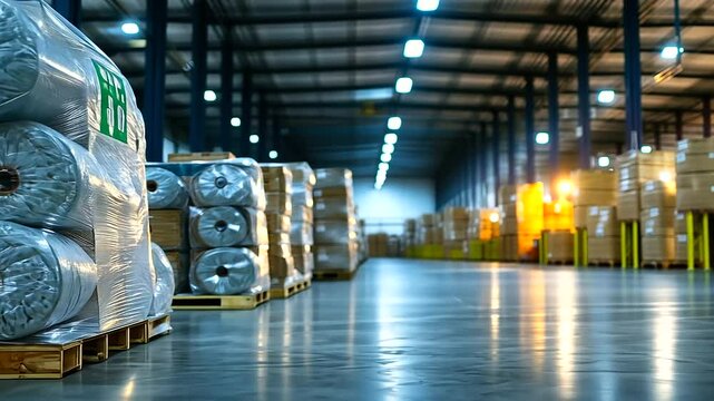Fiberglass insulation rolls stored in a brightly lit warehouse with green energy posters on the walls, highlighting their sustainable contribution to modern building practices.