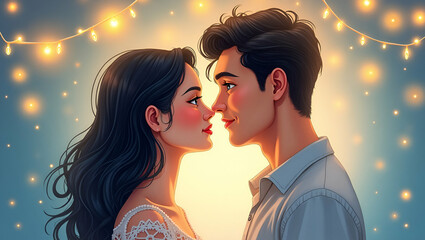 Stylized Illustration of Couple Kissing with Romantic Setting and String Lights

