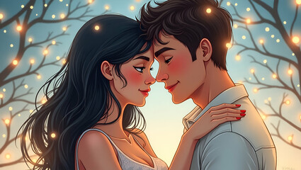Digital Painting of Lovers Gazing at Each Other in Serene Forest with Sparkling Lights

