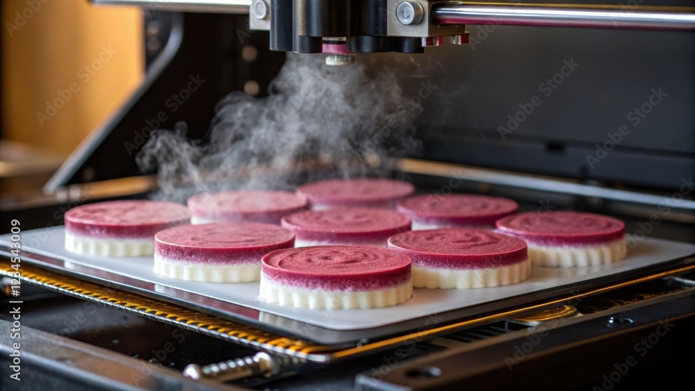 Poster modern food printing machine creating several small cakes with red and white layers, steaming vapor 