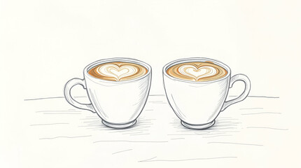 Watercolor Painting of Coffee Cups with Heart-Shaped Foam on Textured Surface

