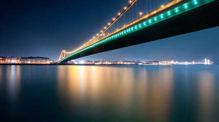 Illuminated suspension bridge at night with vibrant city lights reflecting on calm water, perfect for travel brochures, urban landscapes, and architectural design themes. Selective focus