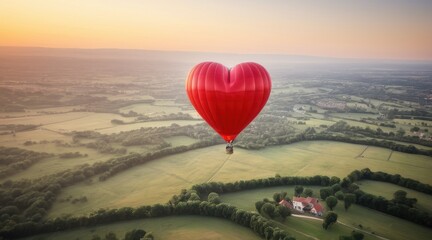 Fototapeta premium Red Heart Shaped Hot Air Balloon Over Green Hills at Sunrise