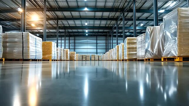 Rows of fiberglass insulation rolls in varying sizes, organized in a modern storage facility with polished floors and bright overhead lighting, representing energy efficiency.