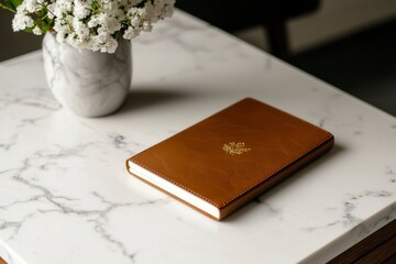 Brown Leather Journal on Marble Tabletop with Flowers