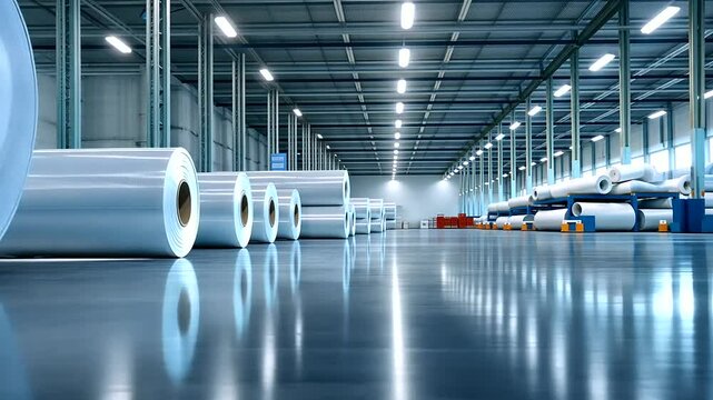 Rows of fiberglass insulation rolls in varying sizes, organized in a modern storage facility with polished floors and bright overhead lighting, representing energy efficiency.