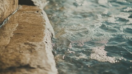 Coastal stone steps, gentle waves, sunny beach background, travel brochure