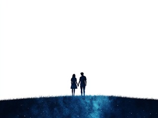 a couple holding hands under a starry sky, magical romantic night, fantasystyle illustration, deep blue and silver, isolated on white background