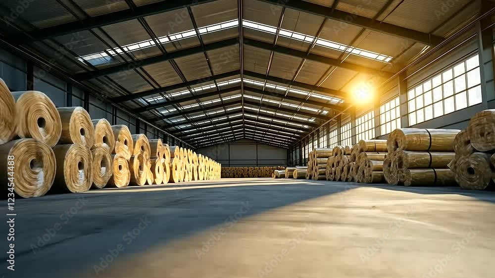 Poster rolls of fiberglass insulation illuminated by sunlight filtering through large skylights in a spacio