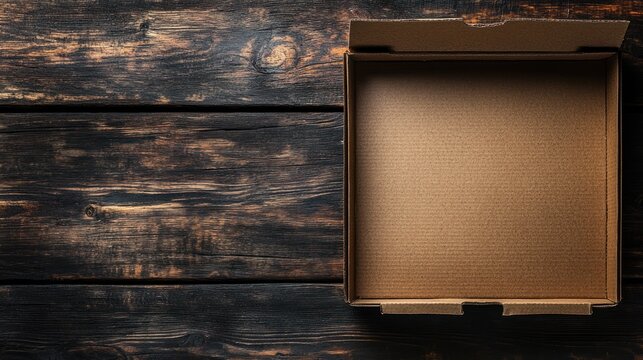 Empty pizza box on rustic wood; delivery background