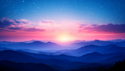 Obraz premium Serene sunrise over majestic mountain range, vibrant pink and blue hues, starlit sky. Perfect for travel, nature, and inspirational projects.