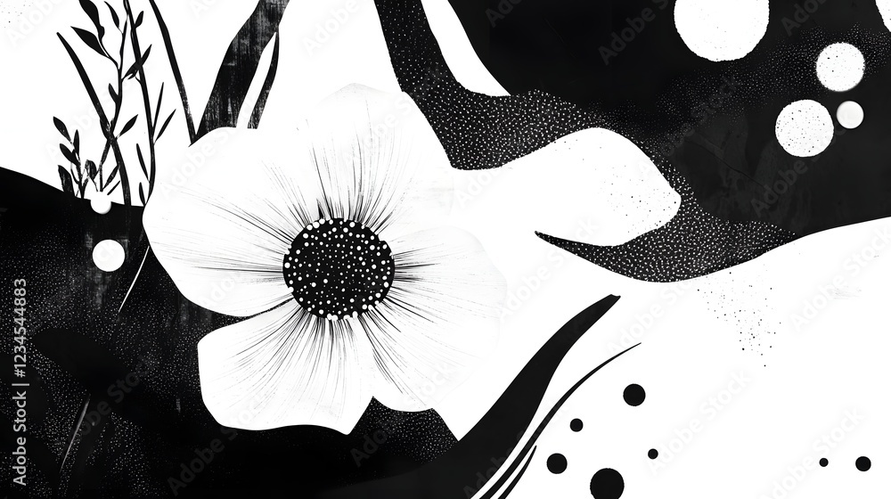 Aufkleber dramatic and captivating monochrome floral composition featuring abstract graphic shapes bold patter