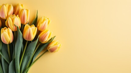 Top view of  yellow tulips on studio background