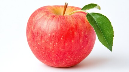 Fresh Red Apple with Leaf on White Background