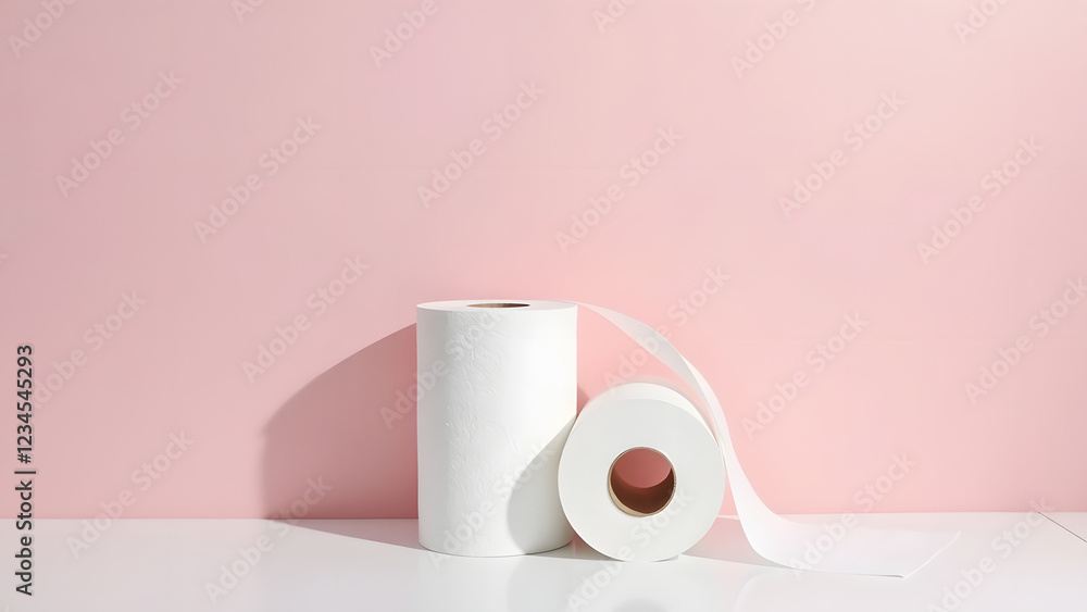 Poster white paper rolls are elegantly positioned against a soft pink background, creating a minimalistic a