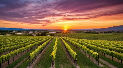 Naklejka premium Sunset over Lush Green Vineyard Rows