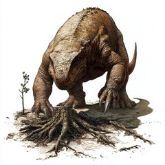 Fototapeta premium Massive prehistoric creature exploring a landscape with exposed roots and a small tree in a fantastical setting