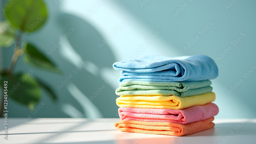 Poster soft, neatly stacked towels in vibrant colors arranged on a table with soft sunlight creating gentle