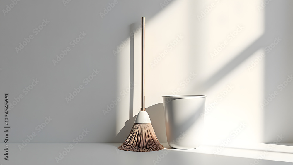 Poster a minimalistic scene featuring a broom and a white container casting shadows on a bright wall, creat