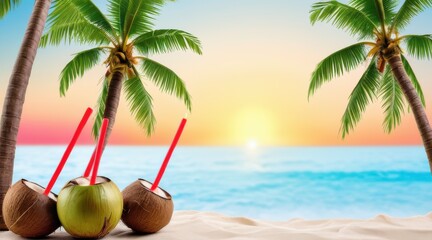 Three Young Coconuts with Red Straws on Sandy Beach at Sunset