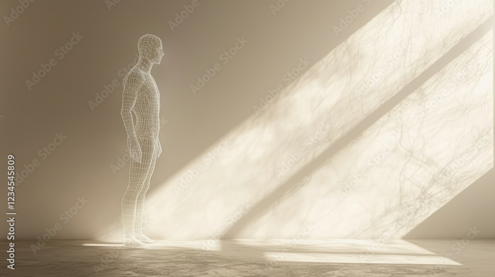 Poster wireframe man in minimalist room with sunlight from window