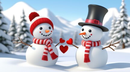 Two Cheerful Snowmen Holding Hearts in Snowy Mountain Landscape