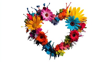 a heartshaped wreath of flowers, decorative love theme, digital painting, colorful floral mix, isolated on white background
