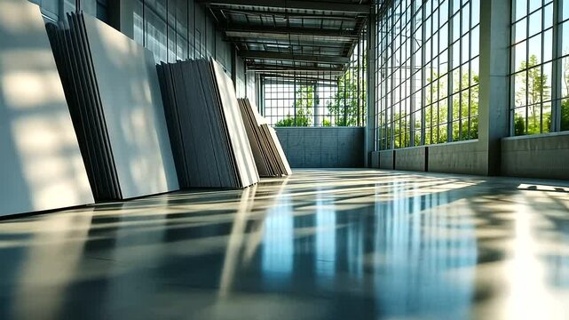 A well-organized storage facility with rows of gypsum drywall sheets, illuminated by sunlight streaming through large windows, emphasizing their role in modern construction.