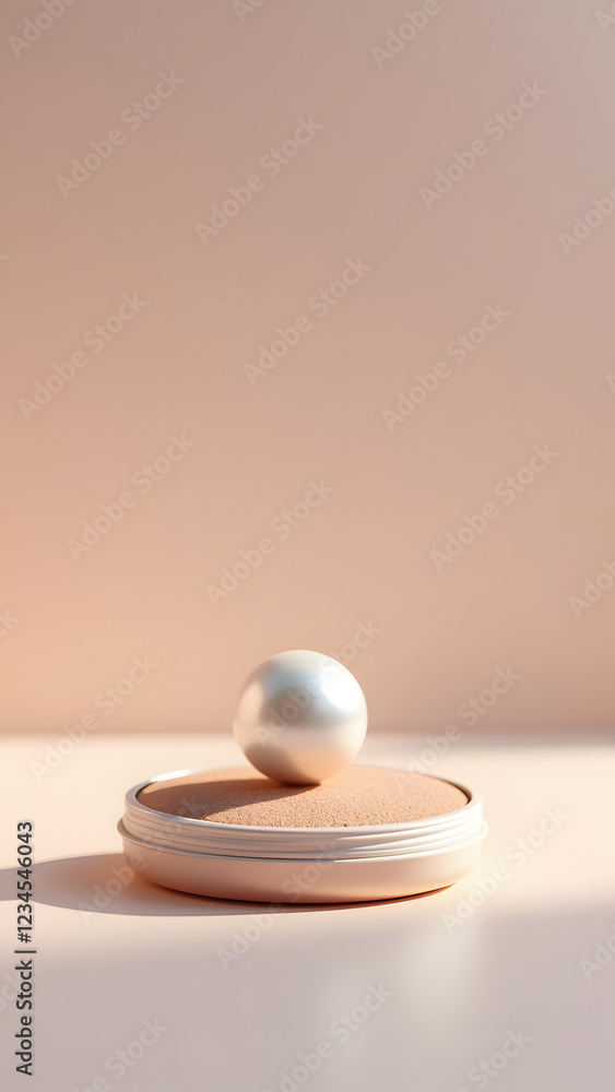 Poster a circular compact powder container with a shiny pearl resting on it, set against a soft pastel back