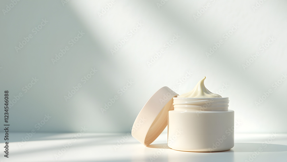 Poster a cream jar with a smooth swirl of moisturizer sits elegantly on a minimalist surface, illuminated b