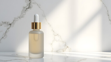A clear glass dropper bottle with a golden cap sits on a marble countertop, softly illuminated by natural light creating a serene and elegant atmosphere