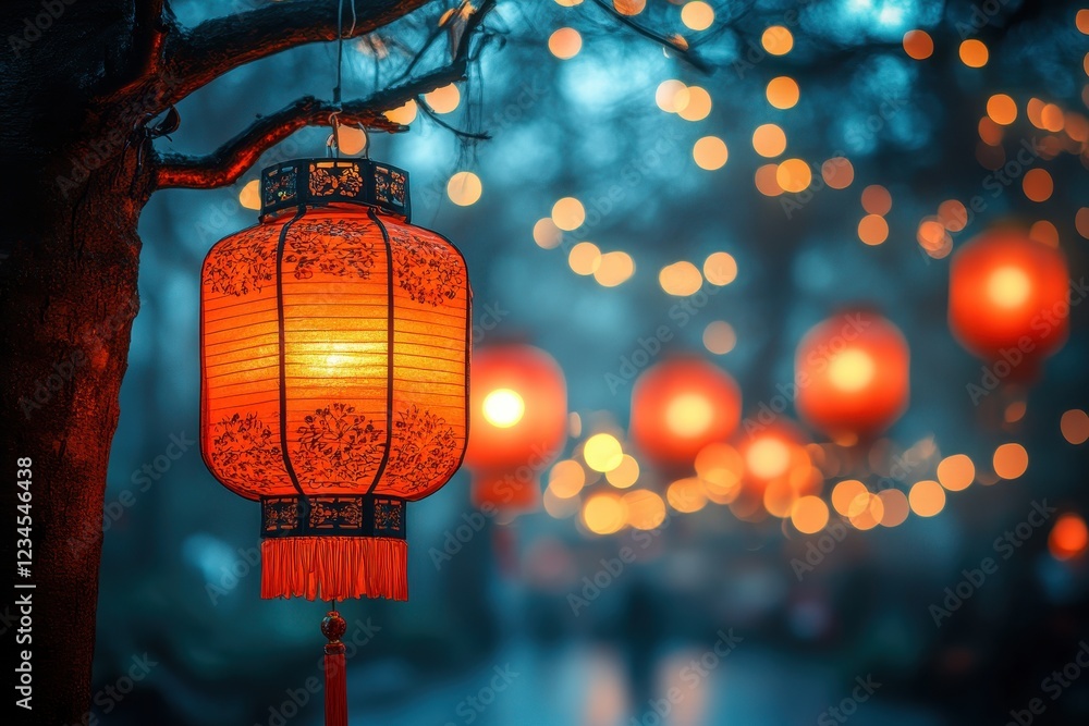 Poster a serene scene featuring illuminated lanterns in a misty environment.